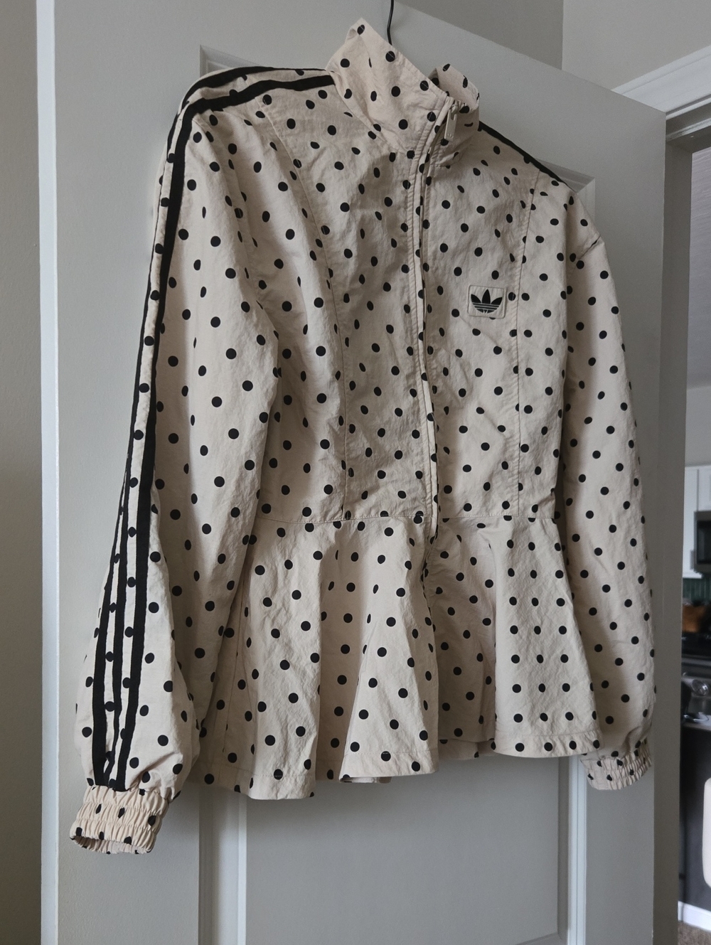 Adidas Cream and Black Polka Dot Peplum Bomber Jacket